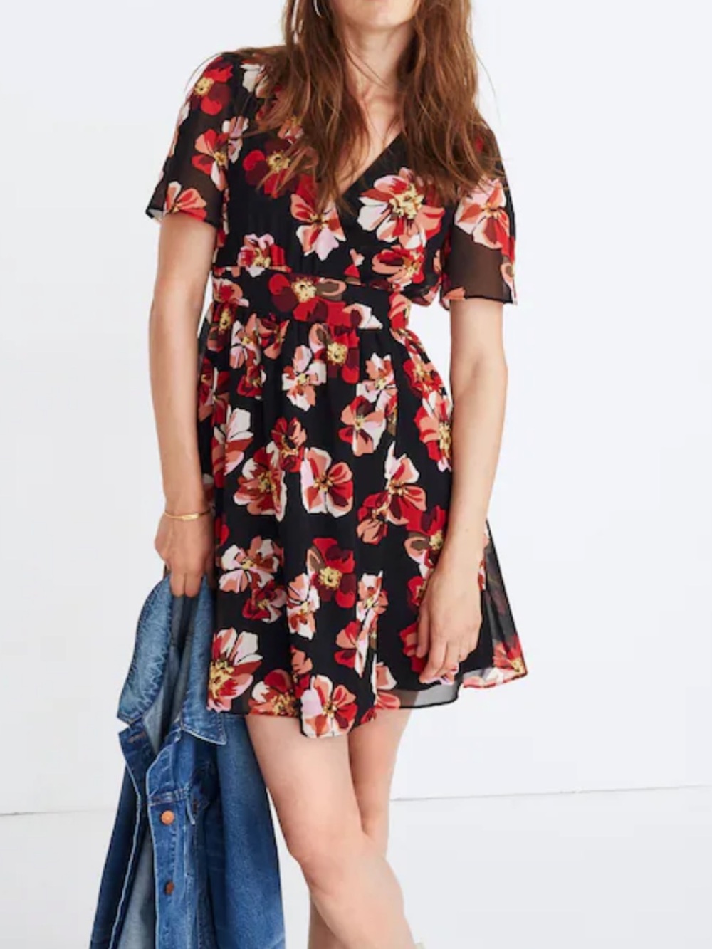 NWT Madewell Tulip Sleeve Mini Dress in French Rose Floral Red Pink Black Size 0
